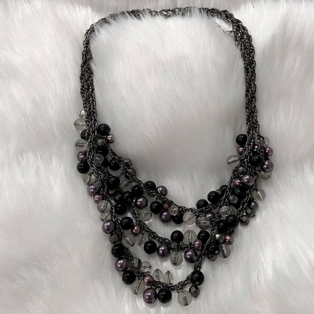 NECKLACE - MULTI LAYER BEADED [BLACK + PURPLE + GRAY]